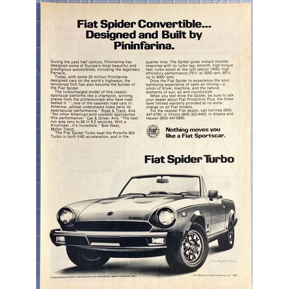 Fiat Spider Turbo Convertible "Designed & Built by Pininfarina"Vtg Print Ad 1982